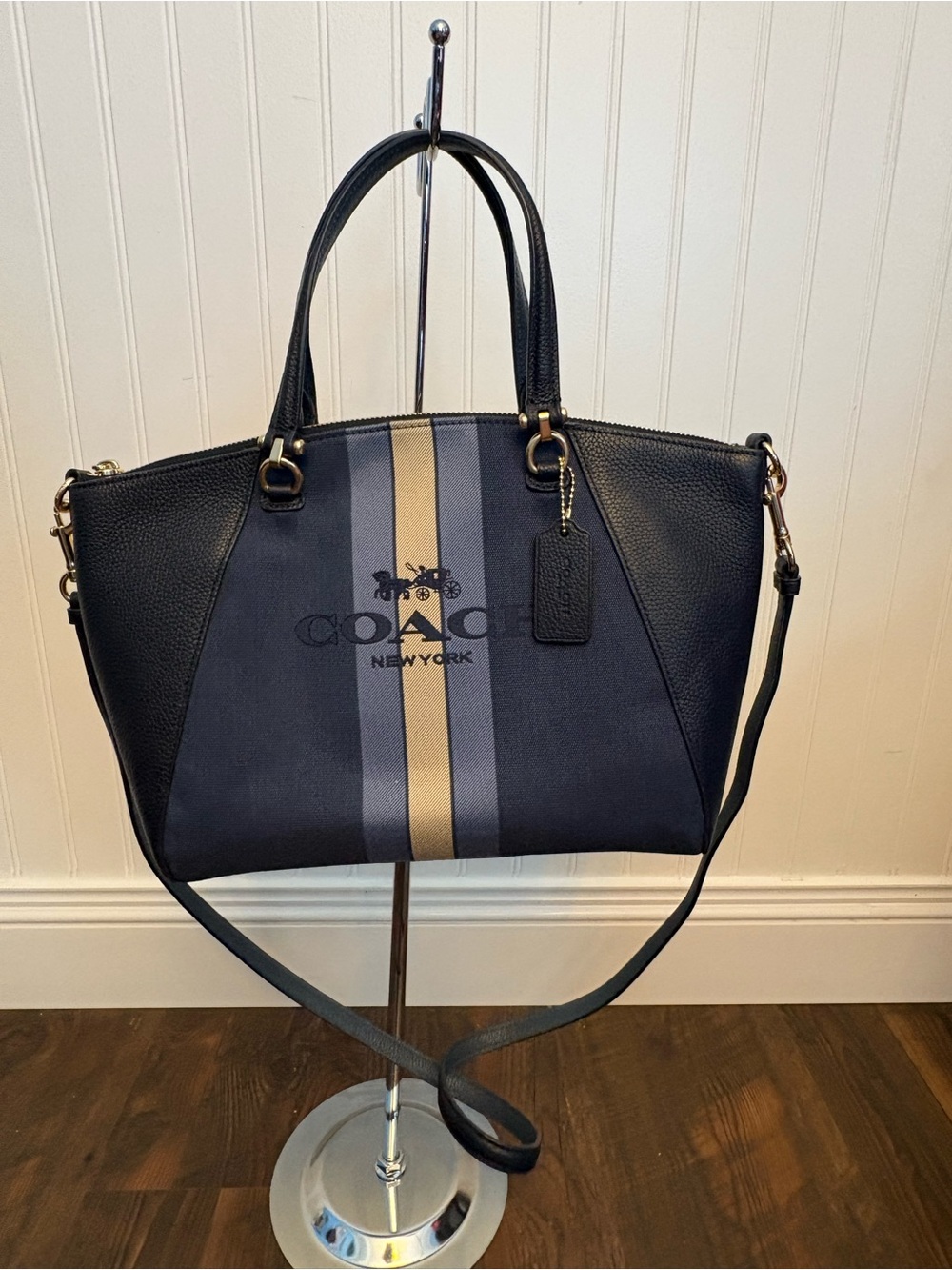 Coach Navy Varsity Stripe Satchel Crossbody – Style F57842